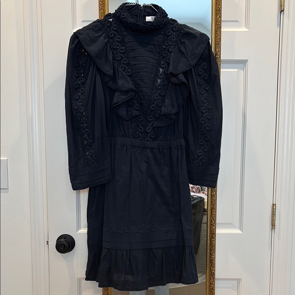 Navy Ruffled Mock Neck Dress